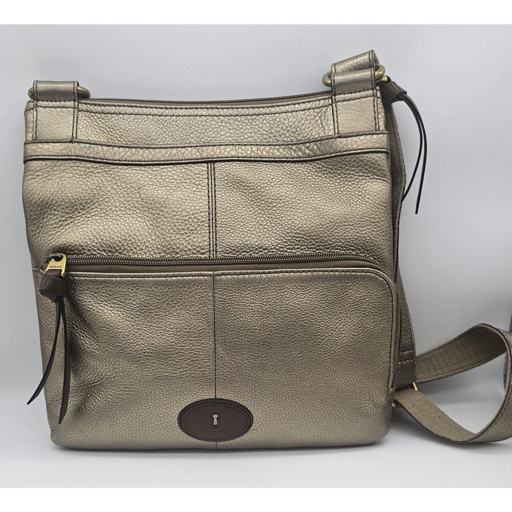 Fossil Morgan Crossbody Bag Metallic Gold Pebbled Leather Logo Adjustable